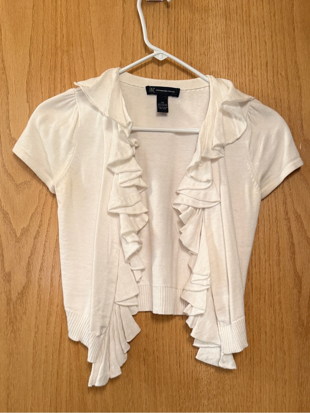 INC International Concepts White Ruffle-Trim Short Sleeve Open Cardigan